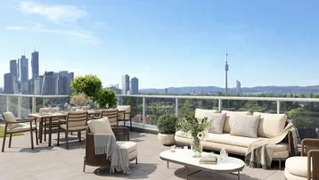 Große Dachterrasse mit modernen Gartenmöbeln und weitem Blick auf die Stadt und die umliegende Landschaft.