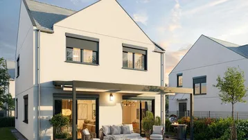 Moderne Hausrückseite mit großer Terrasse, Gartenmöbeln und Grillbereich unter einer Pergola.