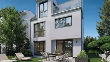 Moderne weiße Stadtvilla mit Garten, Terrasse und Dachterrasse unter blauem Himmel.