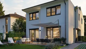 Modernes Einfamilienhaus mit großer Terrasse, Garten und Außenbereich für Entspannung.