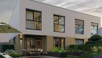 Moderne Hausfassade mit großer Terrasse, Garten und Sonnenliege, ideal für entspannte Stunden im Freien.