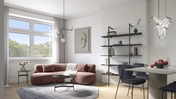 Helles Wohn- und Esszimmer mit modernem Design, Parkettboden und Blick ins Grüne.