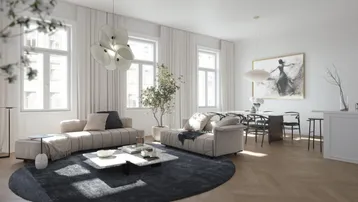 Helles, modernes Wohn-Esszimmer mit Fischgrätparkett, bequemen Sofas und einem eleganten Essbereich.