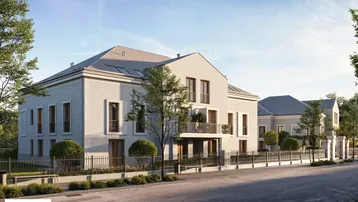 Visualisierung eines modernen Mehrfamilienhauses mit eleganter Fassade und Balkonen an einer ruhigen Straße.