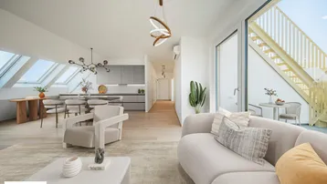 Heller, offener Wohn- und Essbereich mit integrierter Küche, Dachfenstern und Zugang zur Dachterrasse.