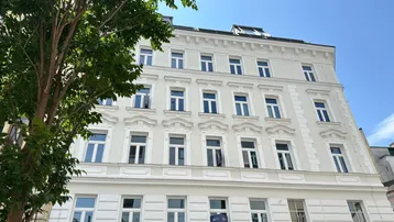 Helle, klassische Fassade eines Altbaus mit vielen Fenstern und grünen Bäumen im Vordergrund.