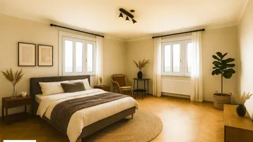 Helles Schlafzimmer mit Parkettboden, zwei Fenstern und gemütlicher Einrichtung.