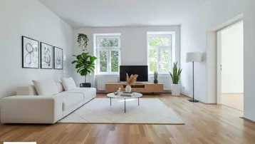 Helles Wohnzimmer mit Holzboden, großen Fenstern und moderner Einrichtung, ideal zum Entspannen.