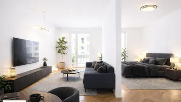 Helles, modern eingerichtetes Wohnzimmer mit Parkettboden und angrenzendem Schlafbereich.