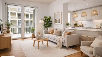 Helles, offenes Wohnzimmer mit integrierter Küche, Parkettboden und Zugang zum Balkon.