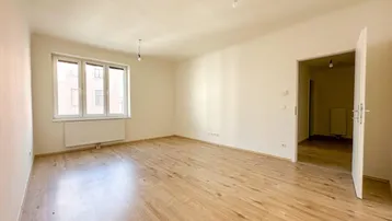 Geräumiger, heller Wohnraum mit Parkettboden und Blick durch das Fenster.