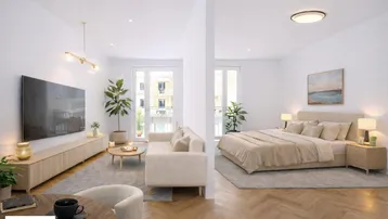 Helles, offenes Wohn- und Schlafzimmer mit modernem Design und Fischgrätparkettboden.
