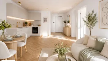 Helles, offenes Wohnzimmer mit integrierter Küche, Essbereich und modernem Interieur.