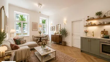Helles Wohn-Esszimmer mit integrierter Küche, Fischgrätparkett und stilvoller Einrichtung.