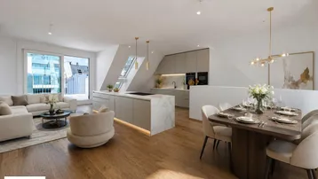 Modernes offenes Wohn-Esszimmer mit integrierter Küche, Holzboden und Zugang zur Terrasse.