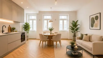 Heller offener Wohnbereich mit moderner Küche, Essplatz und gemütlicher Sitzecke, ideal für geselliges Beisammensein.