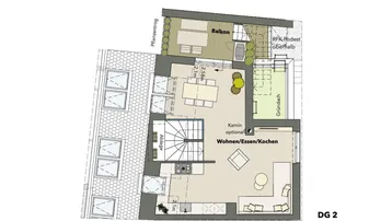 Grundriss des zweiten Dachgeschosses mit offenem Wohn-Ess-Kochbereich und Balkonzugang.