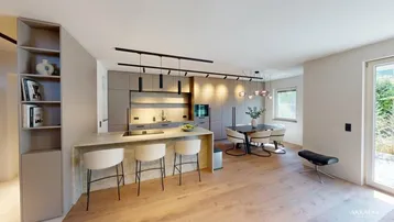 Moderne offene Küche mit Essbereich, Holzboden und Zugang zum Garten, hell und einladend gestaltet.