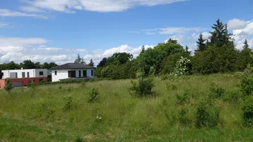 Weitläufiges grünes Grundstück mit Blick auf moderne Wohnhäuser unter blauem Himmel und Bäumen.