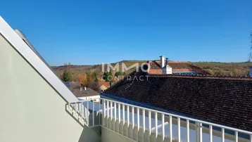 Geräumige Dachterrasse mit weißem Geländer und weitem Blick über die Landschaft und Dächer.