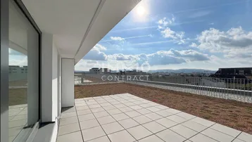 Große Dachterrasse mit Fliesenboden und extensiver Begrünung unter blauem Himmel.