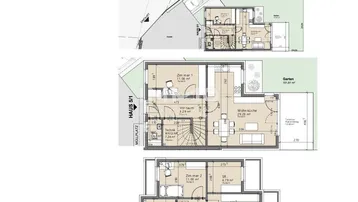 Detaillierter Grundrissplan des Hauses mit Garten und verschiedenen Ebenen.