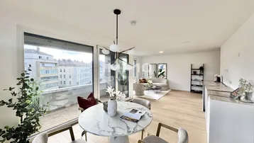 Helles Wohn- und Esszimmer mit modernem Marmortisch, Parkettboden und Zugang zum Balkon.