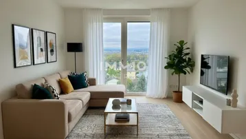 Helles Wohnzimmer mit beigem Ecksofa, modernem Teppich und weitem Ausblick.