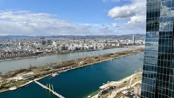Panoramablick über die Stadt Wien mit Donau und umliegenden Gebäuden von hoher Etage.