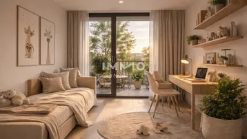 Helles Kinderzimmer mit Holzboden, Schreibtisch und direktem Zugang zum Balkon.