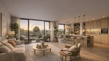 Heller offener Wohn-Essbereich mit moderner Küche, Holzboden und Zugang zu einem Balkon mit Weitblick.