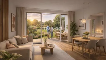 Heller Wohn-Essbereich mit Holzboden, großen Fenstern und Zugang zu einer Terrasse mit Gartenblick.