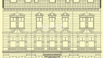 Detaillierte architektonische Zeichnung der Gebäudefassade mit mehreren Stockwerken, Fenstern und einem Mansarddach.