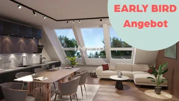 Modernes offenes Wohn-Esszimmer mit integrierter Küche, Dachschrägen und großen Fenstern.