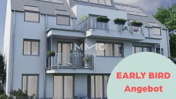 Moderne Wohnanlage mit mehreren Balkonen und Dachfenstern, umgeben von Grünflächen und einem "Early Bird" Angebot.