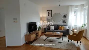 Helles Wohnzimmer mit Parkettboden, moderner Einrichtung und Blick ins Grüne.