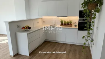 Moderne Küche mit weißen Schränken, Arbeitsplatte und integrierten Geräten, als Wohnbeispiel dargestellt.