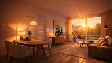 Heller Wohn-Essbereich mit modernen Möbeln, Holzboden und Zugang zu einer Terrasse bei Sonnenuntergang.