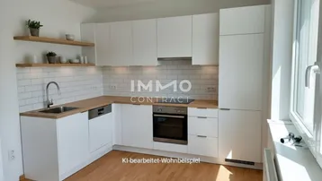 Helle, moderne Küche mit weißen Schränken, Holztheke und Parkettboden, inklusive Einbaugeräten.