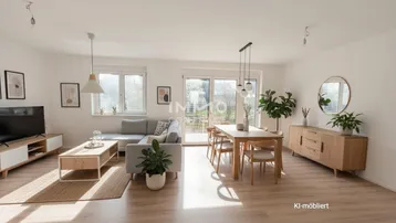 Helles, modern eingerichtetes Wohn-Esszimmer mit Holzboden und Zugang zur Terrasse.