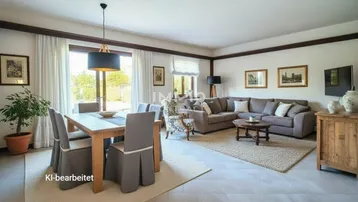 Heller Wohn- und Essbereich mit großem Sofa, Esstisch und Blick ins Grüne durch die Fenster.