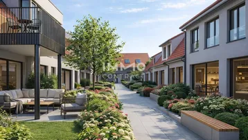 Moderne Wohnanlage mit gepflegten Gärten, Terrassen und Balkonen in einer ruhigen Umgebung.
