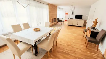 Heller Wohn- und Essbereich mit Holzboden, Kamin und großem Esstisch für gesellige Stunden.