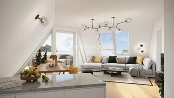 Heller, offener Wohn- und Essbereich mit moderner Einrichtung, Holzboden und Zugang zu einem Balkon.