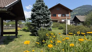 Gepflegter Gartenbereich mit blühenden Blumen, Rasenfläche und einem großen Nadelbaum vor dem Haus.