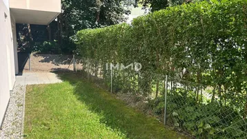 Gepflegter Gartenbereich mit Rasenfläche und hoher Hecke neben dem Gebäude.