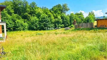 Großes, sonniges Grundstück mit viel Grün und Baumbestand am Waldrand.