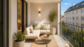 Moderner Balkon mit bequemen Loungemöbeln und Blick auf die umliegenden Gebäude und Bäume.