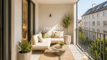 Heller, modern eingerichteter Balkon mit bequemen Sitzmöbeln und Blick auf die Stadt.