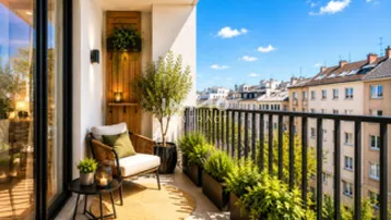 Heller, modern eingerichteter Balkon mit Pflanzen, Sitzgelegenheiten und Blick auf die Stadt.